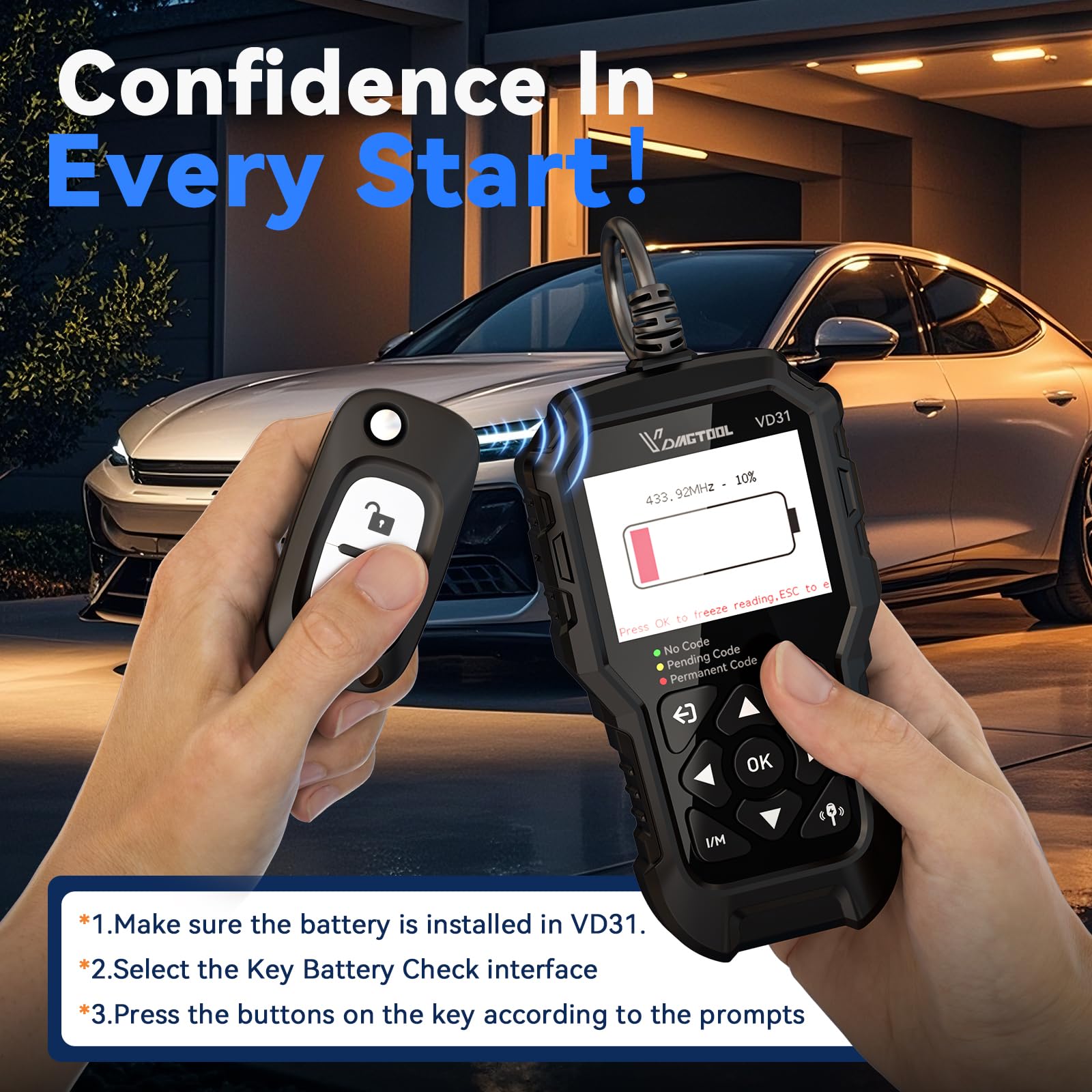 Car Code Reader VDIAGTOOL VD31, OBD2 Scanner with Car Key Battery Tester, OBD2 Scanner Diagnostic Tool, Check Engine Code Reader for Cars and Trucks, - View 3 of 9