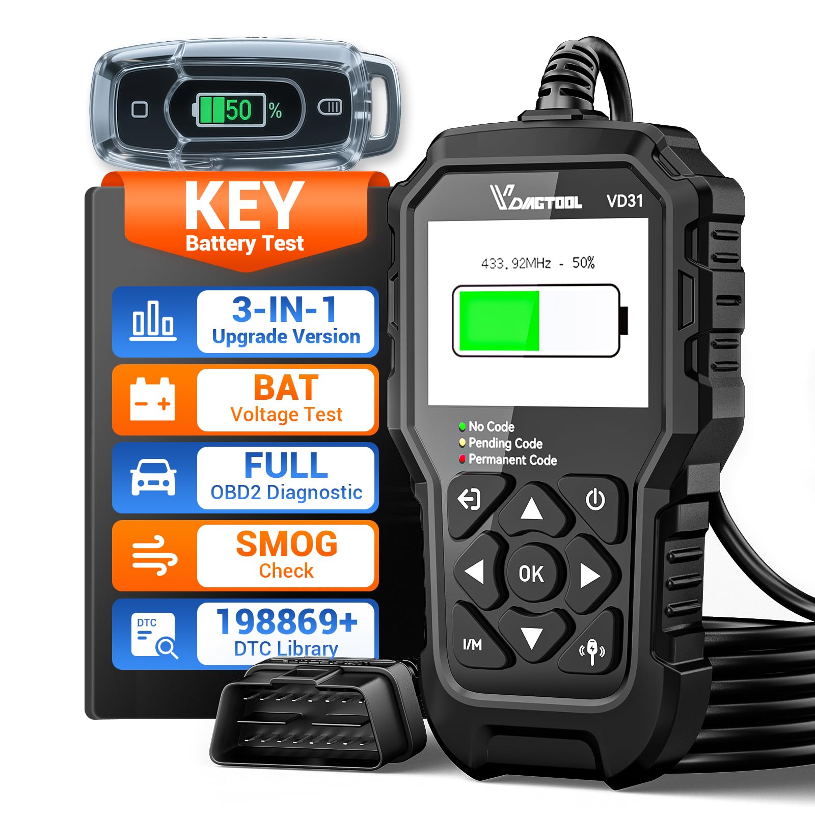 Car Code Reader VDIAGTOOL VD31, OBD2 Scanner with Car Key Battery Tester, OBD2 Scanner Diagnostic Tool, Check Engine Code Reader for Cars and Trucks,