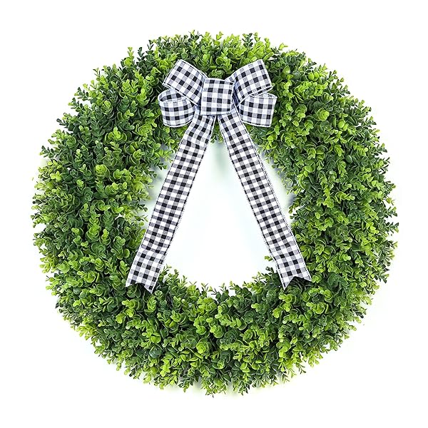 Vlorart Vlorart 32 Inch Faux Round Boxwood Wreath for Front Door Spring Summer Decor with Plaid Bow Ideal for Weddings and Parties