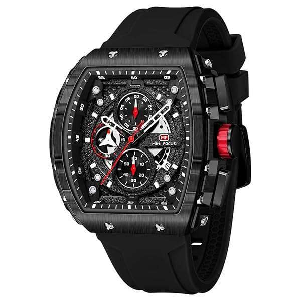 MF MINI FOCUS MF MINI FOCUS Men's Tonneau Watch: Waterproof Chronograph, Luminous, Calendar, & Silicon Strap - Stylish Quartz Timepiece