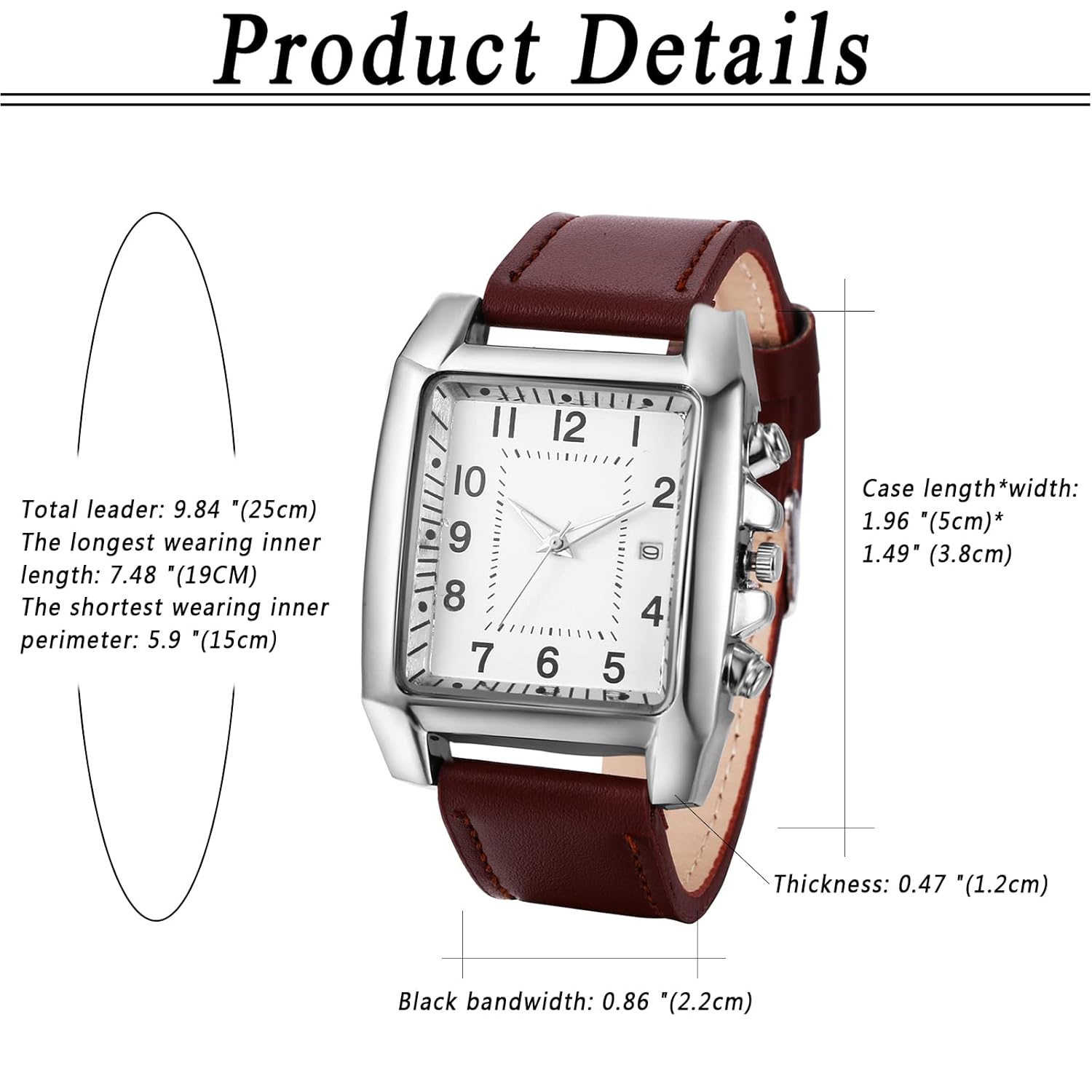 Avaner Avaner Men's Leather Square Watch Oversize Rectangular Vintage Analog Quartz Wrist Watch with Date Calendar Window - View 6 of 8