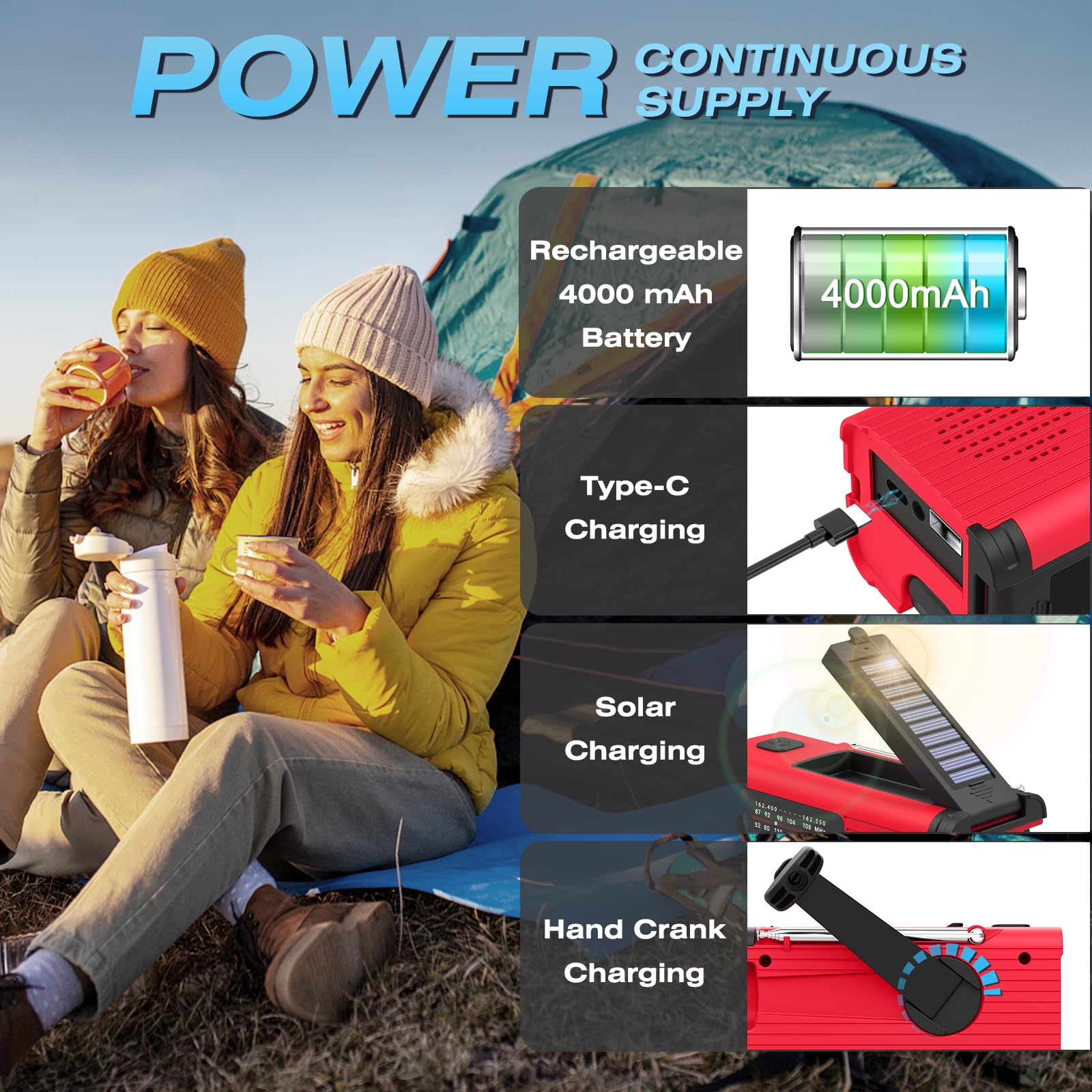 Nitigo NITIGO Emergency Weather Radio Solar Hand Crank USB NOAA Alert AM FM LED Flashlight Reading Lamp SOS Alarm for Outdoor Indoor Use - View 6 of 9