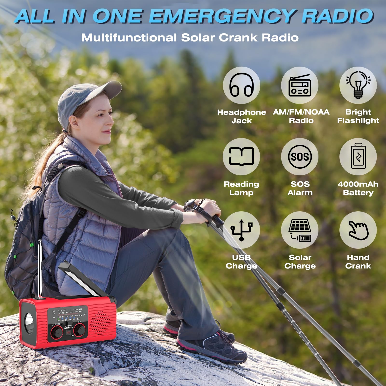 Nitigo NITIGO Emergency Weather Radio Solar Hand Crank USB NOAA Alert AM FM LED Flashlight Reading Lamp SOS Alarm for Outdoor Indoor Use - View 9 of 9