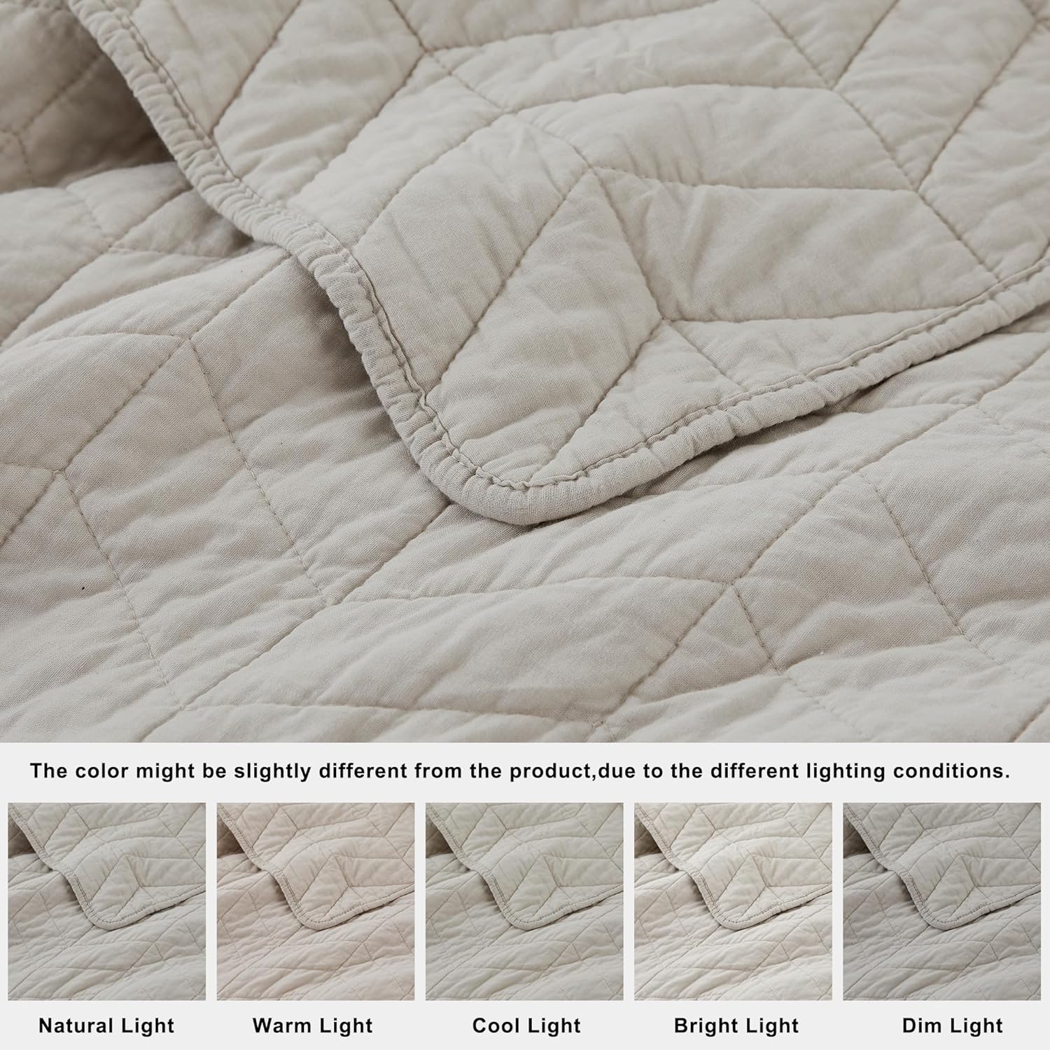 palassio Palassio Beige Cotton Quilt Queen Size Bedding Set with Pillow Shams Lightweight Soft Bedspread Coverlet Tan Cream Quilted Comforter 3 Pieces 90x96 inches - View 5 of 9