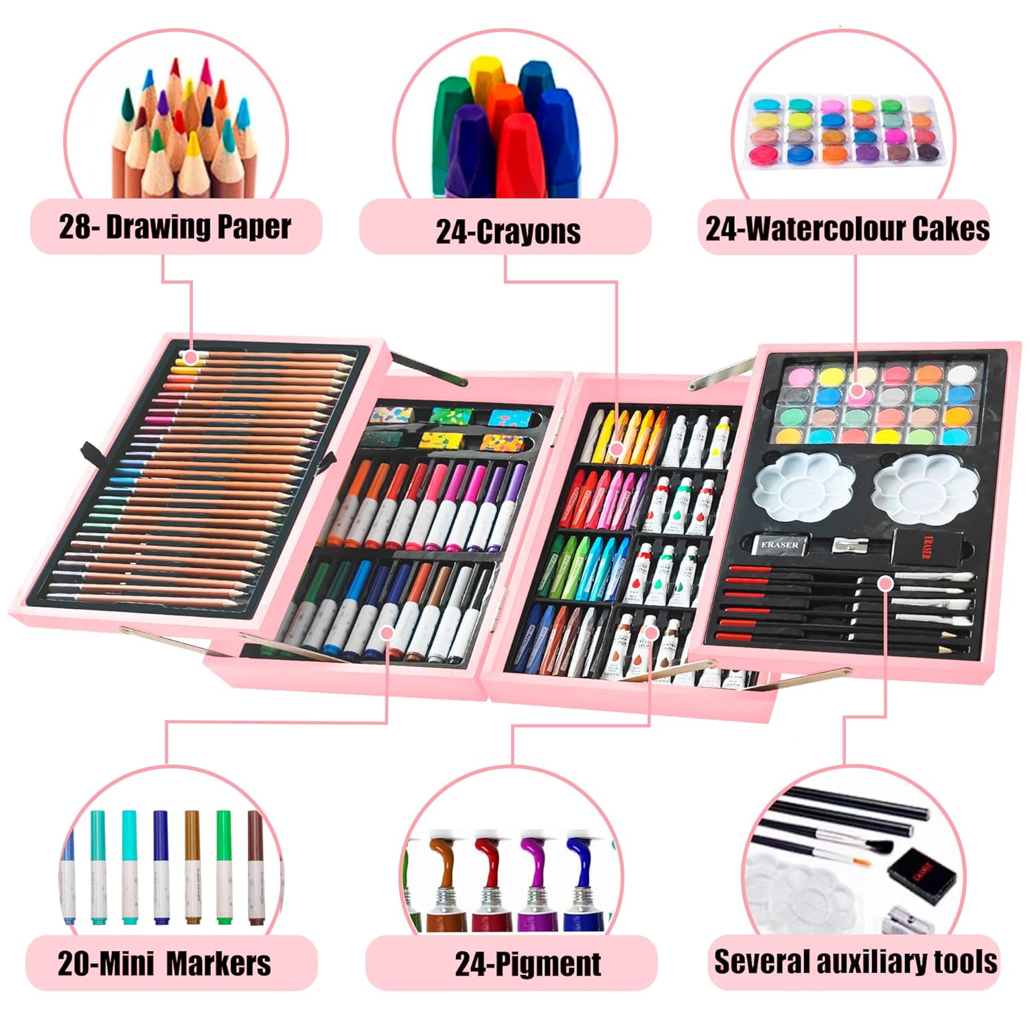 KINSPORY KINSPORY 139 Pack Art Supplies Painting Drawing Kit with Sketch Pads Colored Pencils Oil Pastels Watercolor Paints Gift for Kids Artists Rose Pink - View 2 of 9