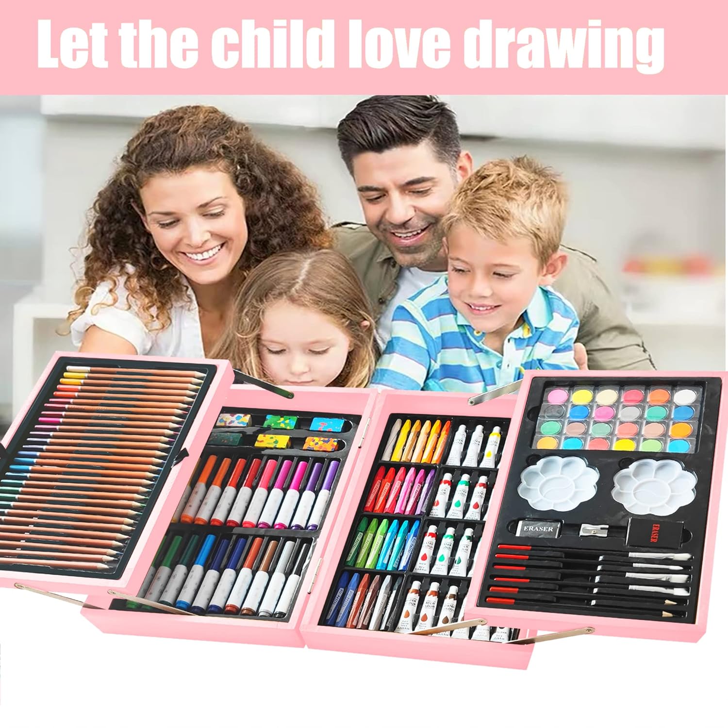 KINSPORY KINSPORY 139 Pack Art Supplies Painting Drawing Kit with Sketch Pads Colored Pencils Oil Pastels Watercolor Paints Gift for Kids Artists Rose Pink - View 5 of 9