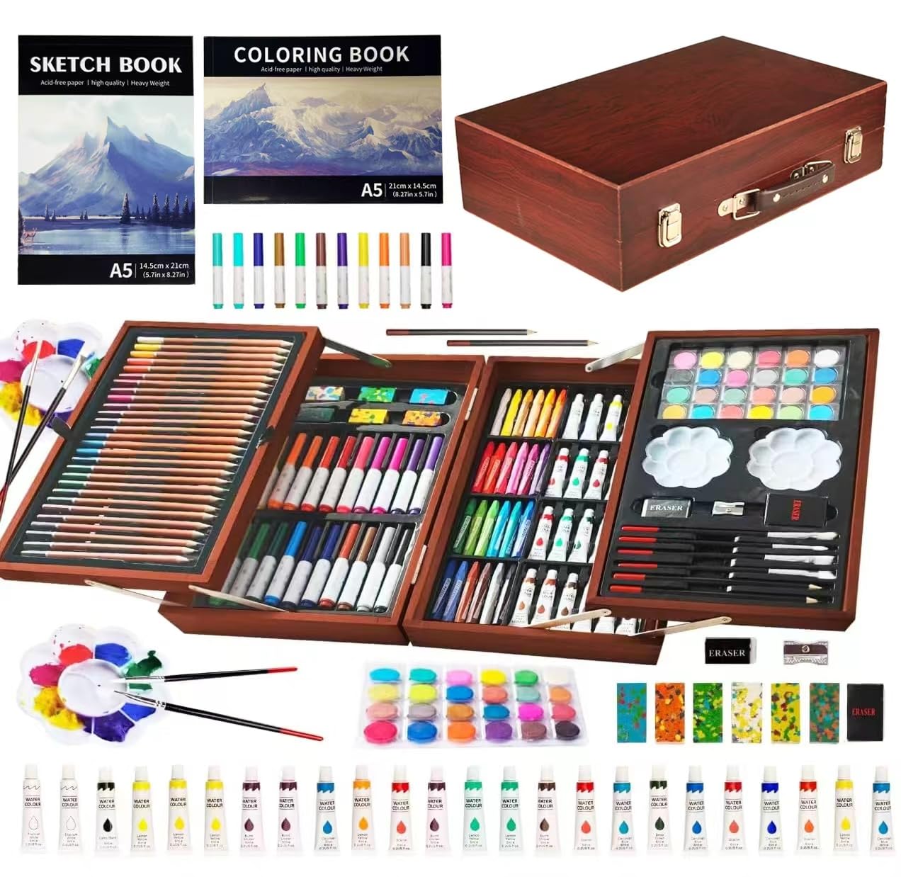 KINSPORY KINSPORY 139 Pack Art Supplies Painting Drawing Kit with Sketch Pads Colored Pencils Oil Pastels Watercolor Paints Gift for Kids Artists Rose Pink - View 8 of 9