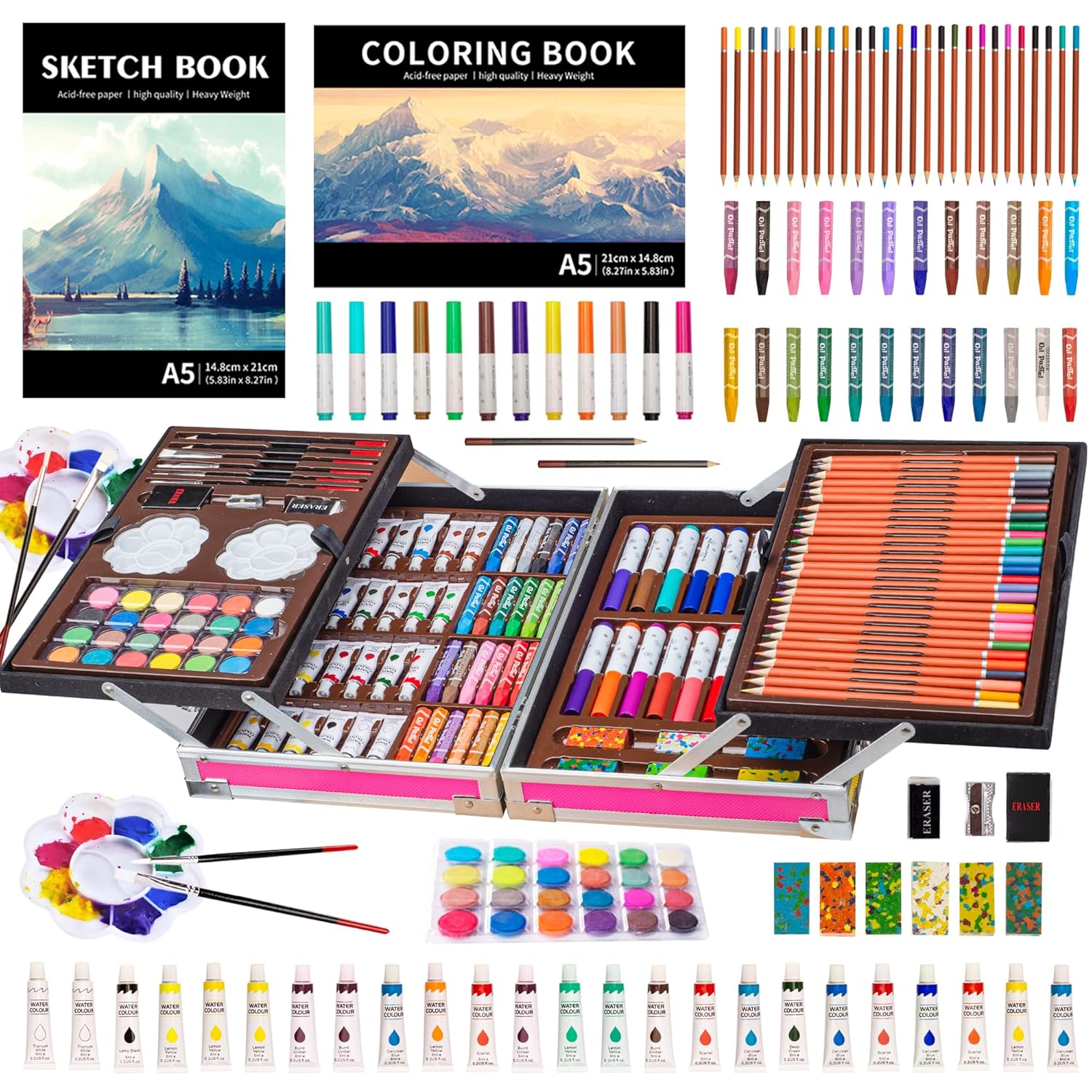 KINSPORY KINSPORY 139 Pack Art Supplies Painting Drawing Kit with Sketch Pads Colored Pencils Oil Pastels Watercolor Paints Gift for Kids Artists Rose Pink - View 9 of 9