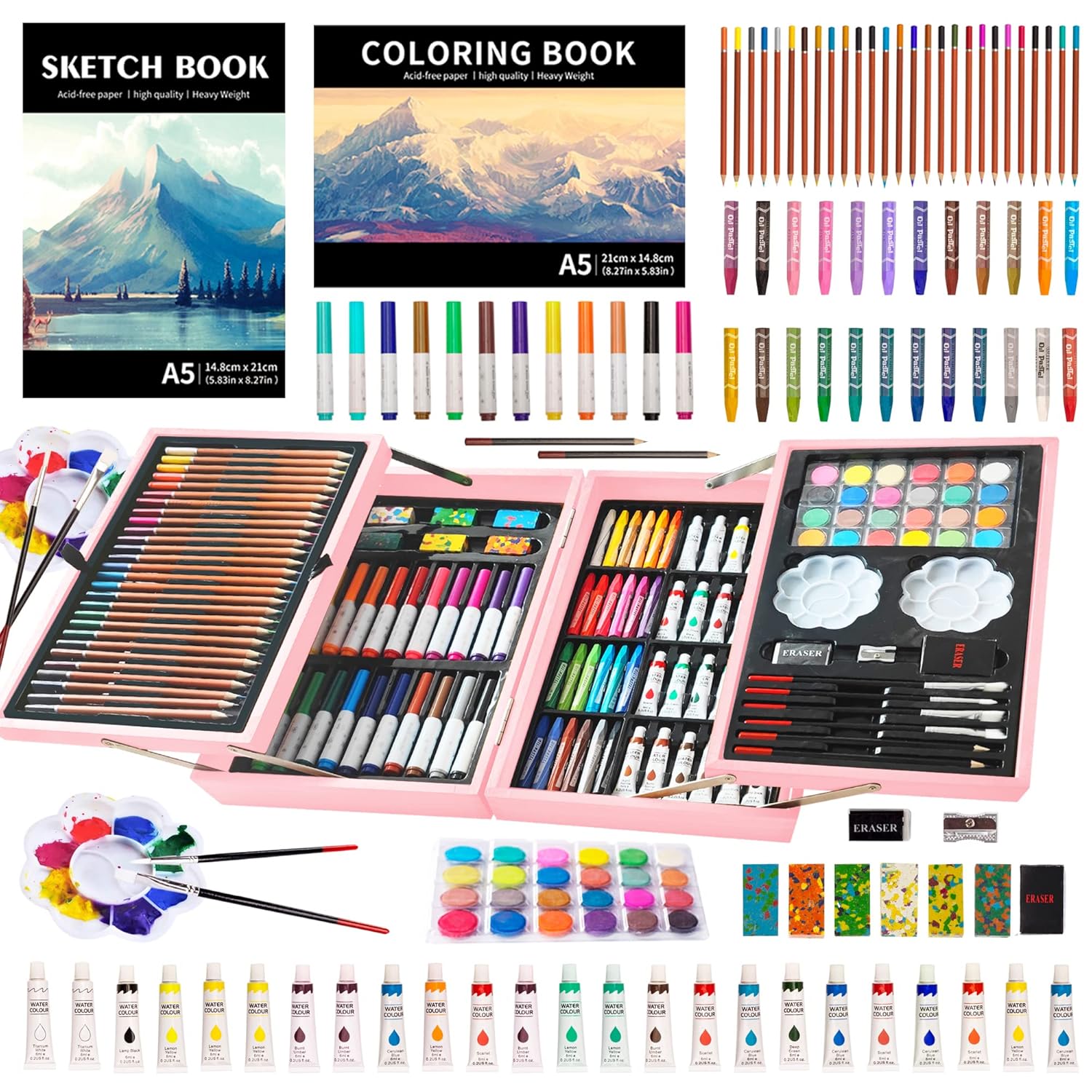 KINSPORY KINSPORY 139 Pack Art Supplies Painting Drawing Kit with Sketch Pads Colored Pencils Oil Pastels Watercolor Paints Gift for Kids Artists Rose Pink