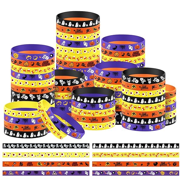 Libima Libima 96 Pcs Halloween Rubber Bracelets Bulk Party Favors Silicone Wristbands for Trick or Treat Goodie Bags and Party Decorations