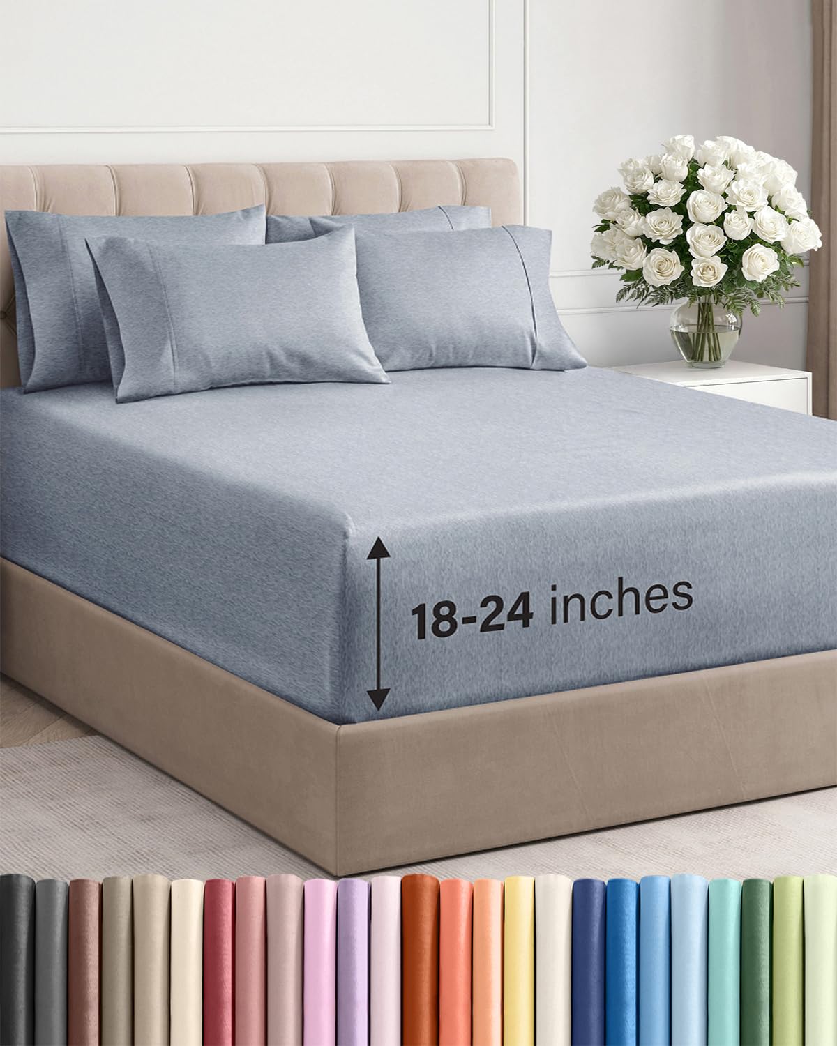 CGK Unlimited Extra Deep King Sheet Set 6 Piece Breathable Cooling Hotel Luxury Bedding 18-24 Inch Pockets Easy Fit Super Soft Wrinkle Free Heathered Blue