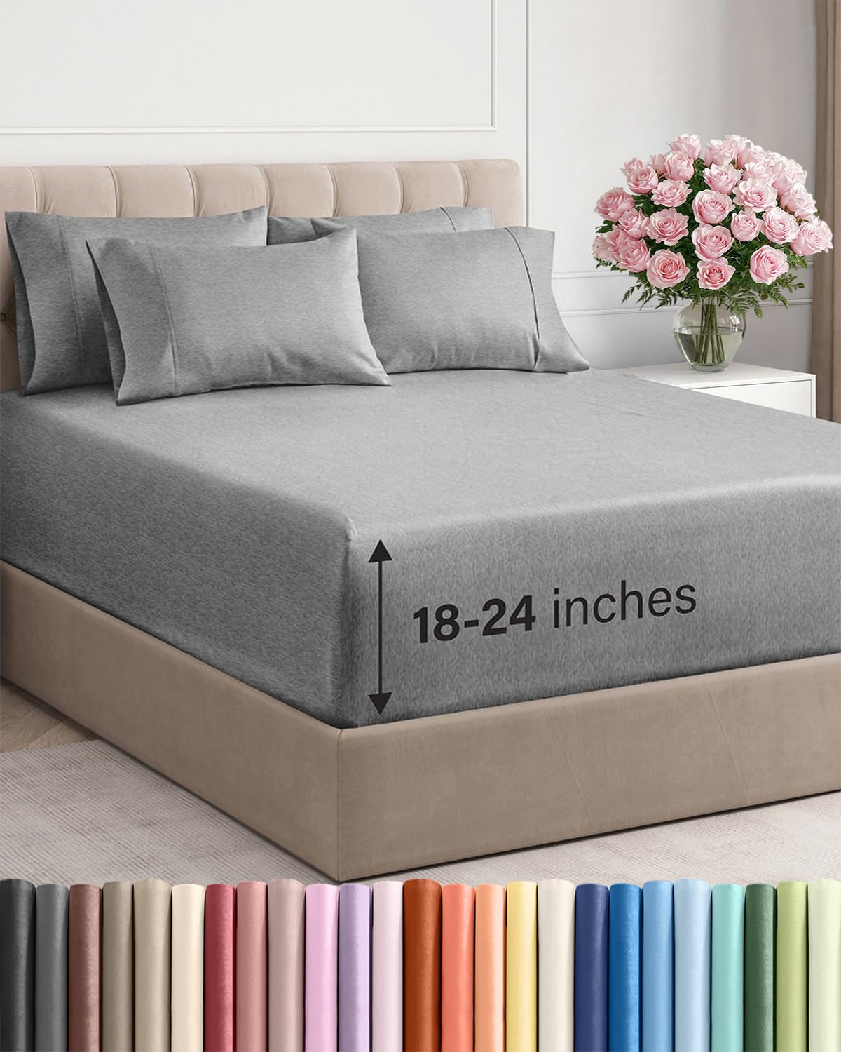 CGK Unlimited Extra Deep King Sheet Set 6 Piece Breathable Cooling Hotel Luxury Bedding with 18-24 Inch Pockets Super Soft Wrinkle Free Heathered Grey