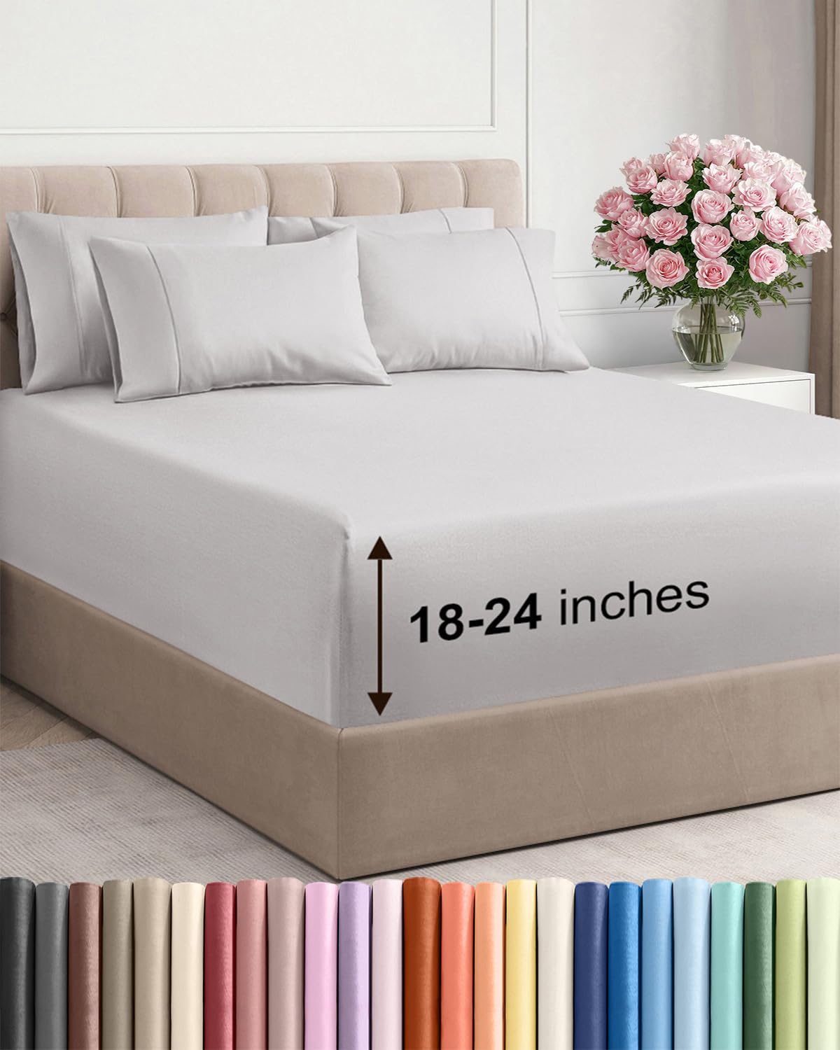 CGK Unlimited Extra Deep Full Sheet Set 6 Piece Breathable Cooling Sheets Hotel Luxury Bedding Set 18-24 Inch Pockets Super Soft Wrinkle Free French Grey