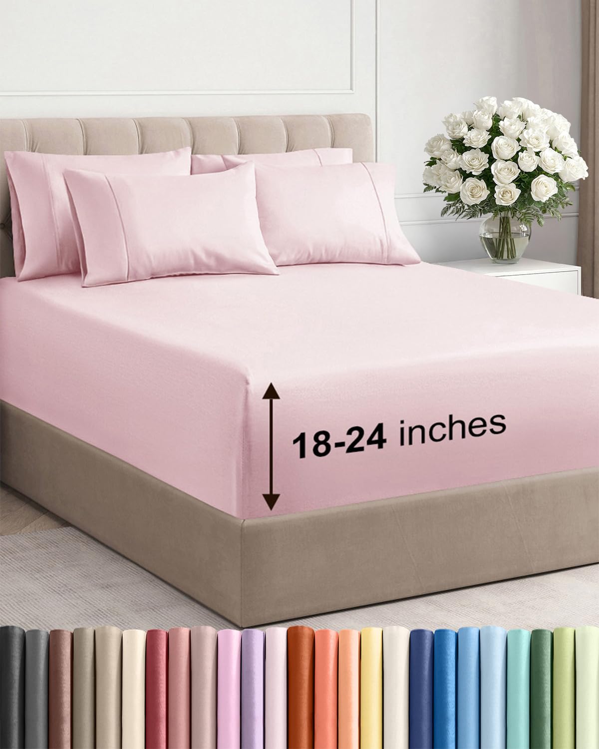 CGK Unlimited Extra Deep Queen Sheet Set 6 Piece Breathable Cooling Hotel Luxury Bedding 18-24 Inch Pockets Easy Fit Super Soft Wrinkle Free Lavender Pink