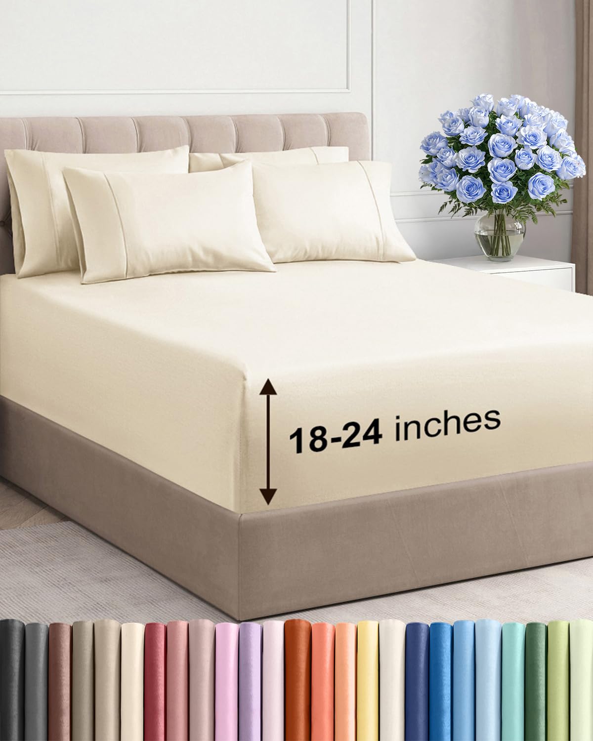 CGK Unlimited Extra Deep Queen Sheet Set 6 Piece Breathable Cooling Hotel Luxury Bedding with 18-24 Inch Pockets Easy Fit Super Soft Off White