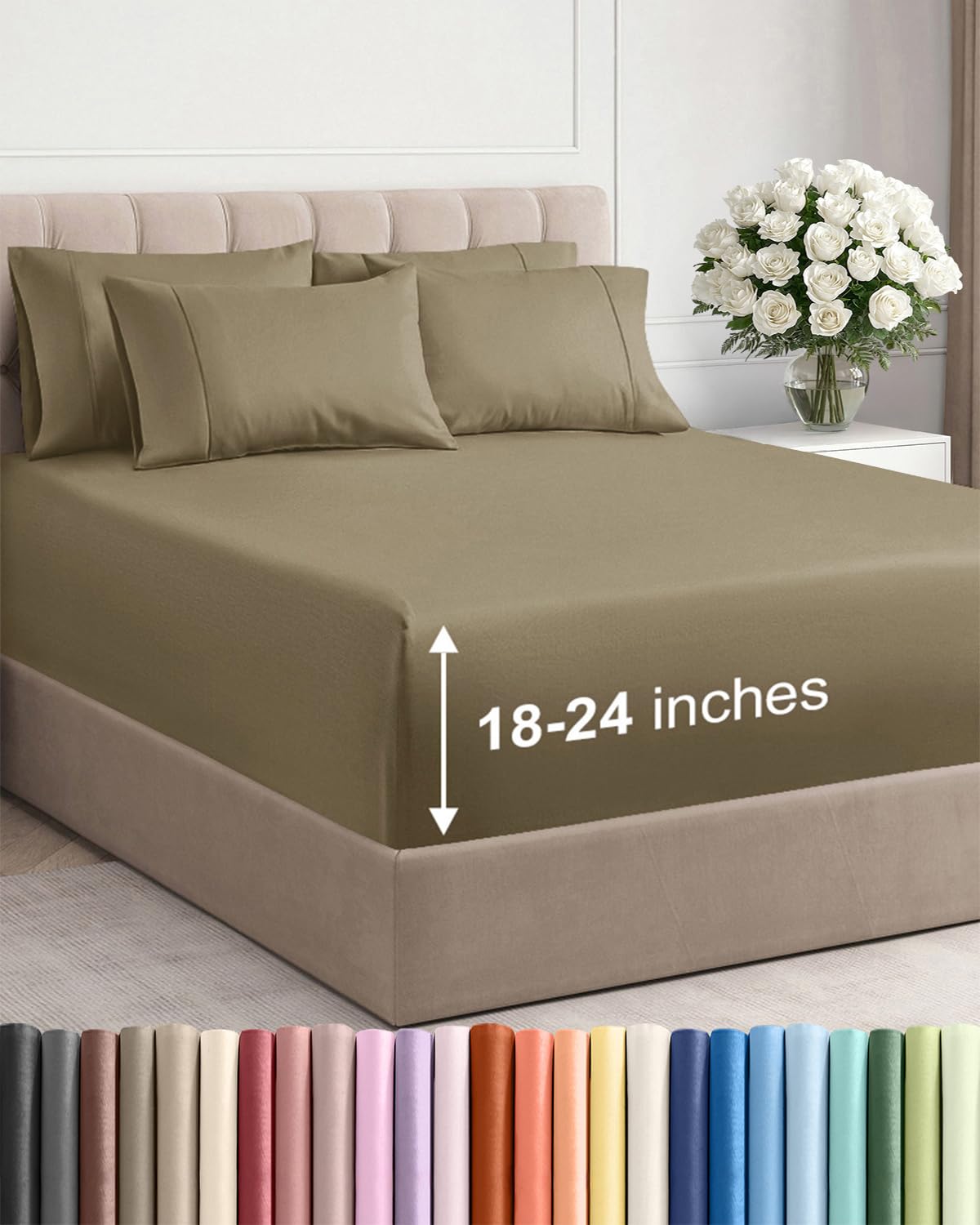 CGK Unlimited Extra Deep Queen Sheet Set 6 Piece Breathable Cooling Hotel Luxury Bedding with 18-24 Inch Pockets Soft Wrinkle Free Khaki Queen Size