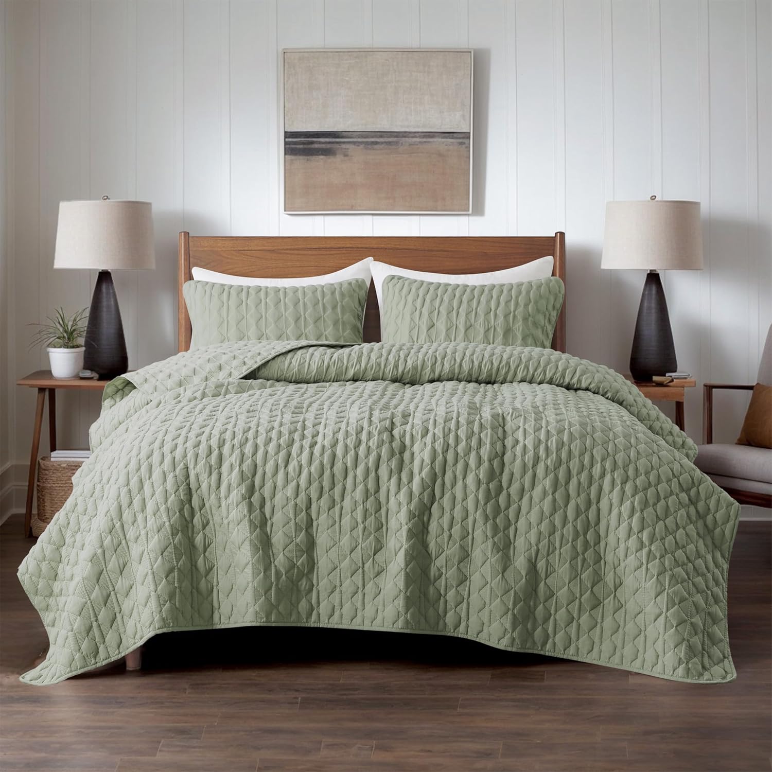 WDCOZY WDCOZY Sage Green King Size Quilt Bedding Set Lightweight Soft Bedspread with Pillow Shams All Season 3 Pieces 104x90 inches - View 2 of 9