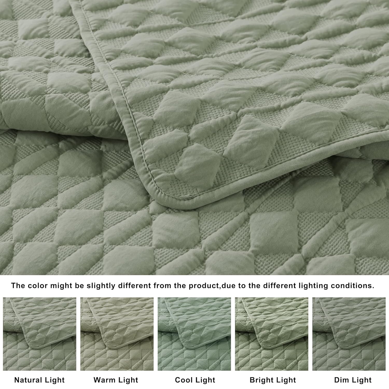 WDCOZY WDCOZY Sage Green King Size Quilt Bedding Set Lightweight Soft Bedspread with Pillow Shams All Season 3 Pieces 104x90 inches - View 3 of 9