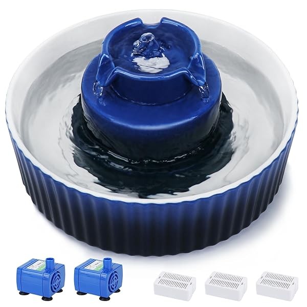Lawfery Lawfery Ceramic Cat Water Fountain 2.1L with 3 Carbon Filters and 2 Water Pumps Dark Blue Pet Fountain for Cats and Dogs