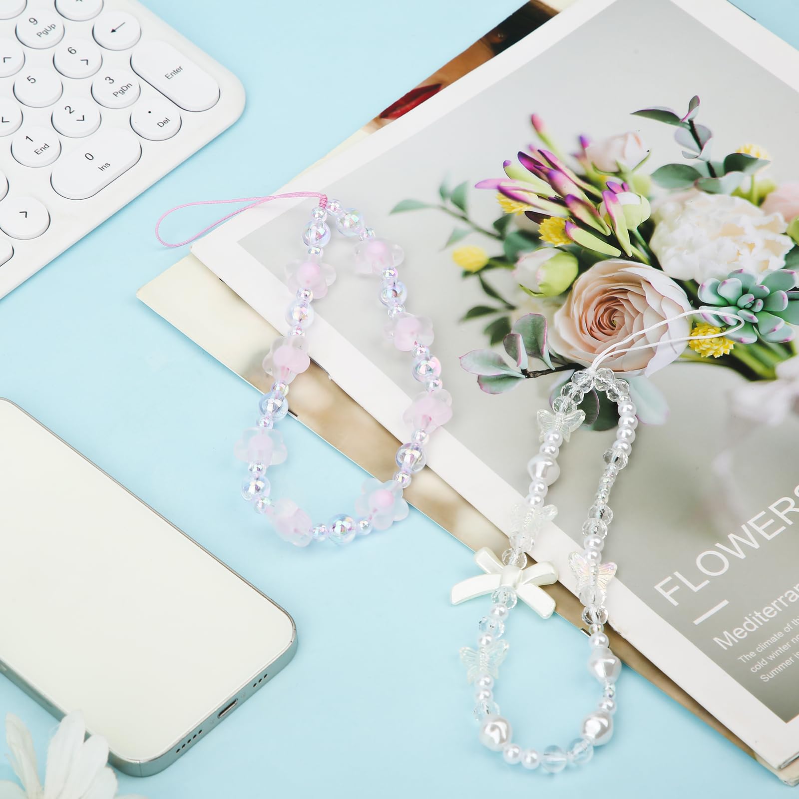 SAVITA Beaded Phone Bracelet Strap Set with Crystal Butterfly Flower and Pearl for Women Stylish Phone Keychain Charm in White and Purple - View 3 of 7