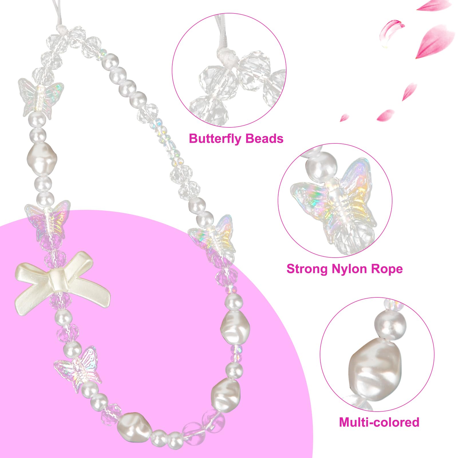 SAVITA Beaded Phone Bracelet Strap Set with Crystal Butterfly Flower and Pearl for Women Stylish Phone Keychain Charm in White and Purple - View 4 of 7