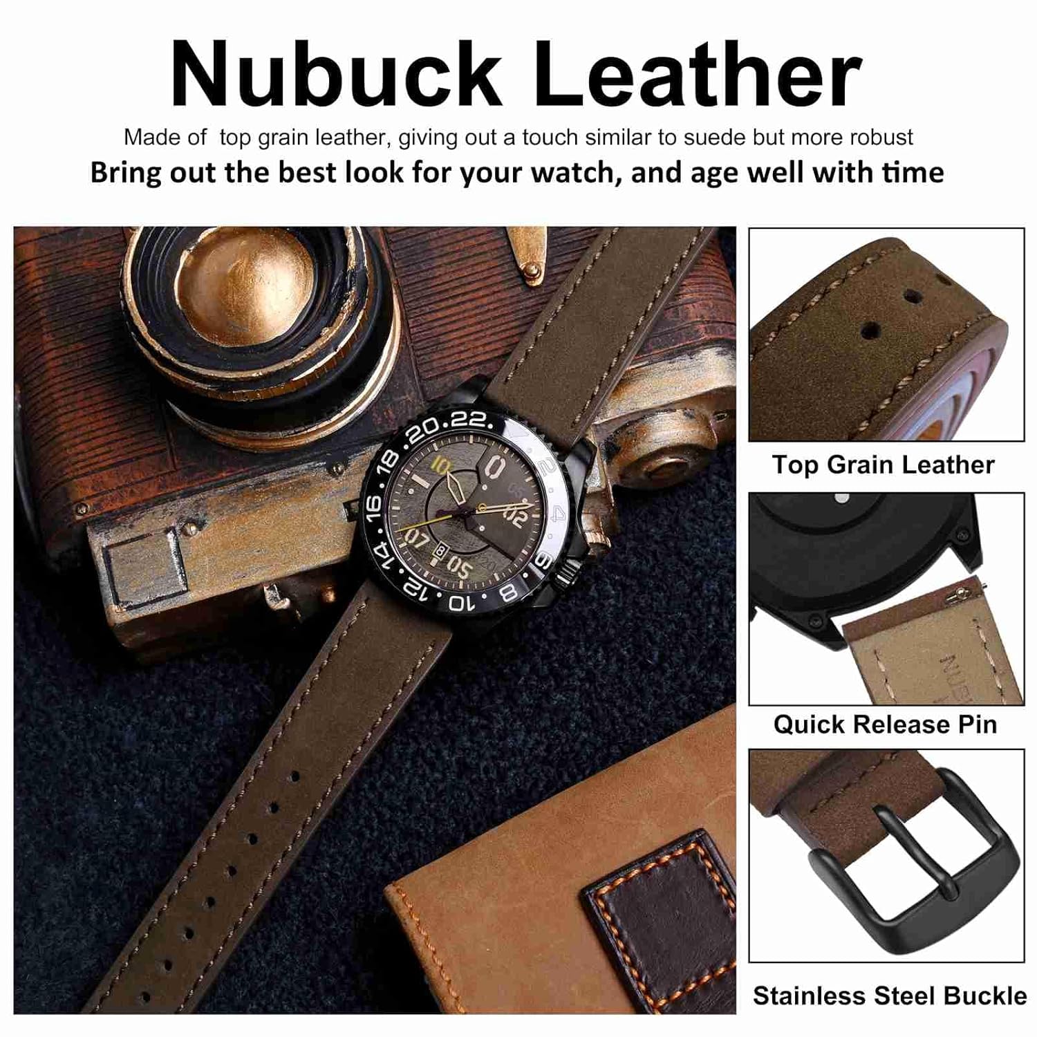 WOCCI WOCCI 21mm Retro Leather Watch Band for Men and Women Quick Release Dark Brown Strap with Black Buckle - View 4 of 9