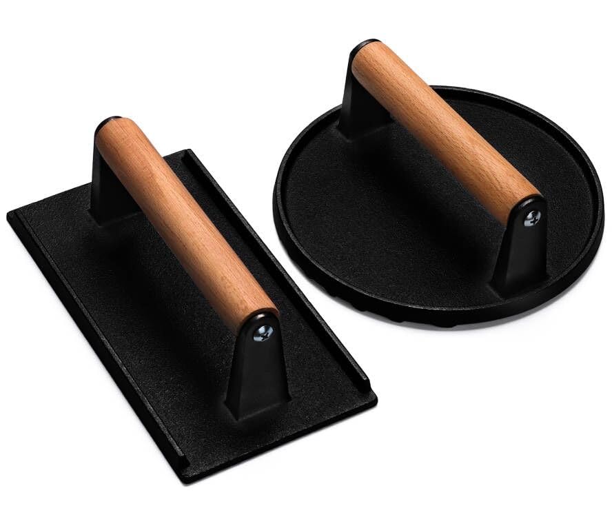 EWFEN EWFEN Heavy-Duty Burger Press 7 Inch Round and 8.2x4.3 Inch Rectangle Cast Iron Meat Steak and Bacon Press with Wood Handle