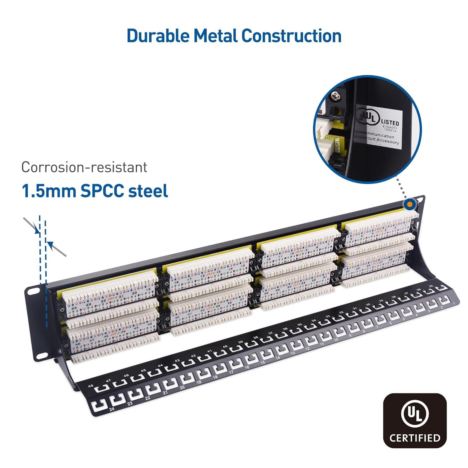 Cable Matters Cable Matters 48 Port Network Patch Panel 2U Rackmount Wall Mount Cat6 RJ45 for Gigabit Network with Support Bar and Impact Tool Compatibility - View 5 of 7