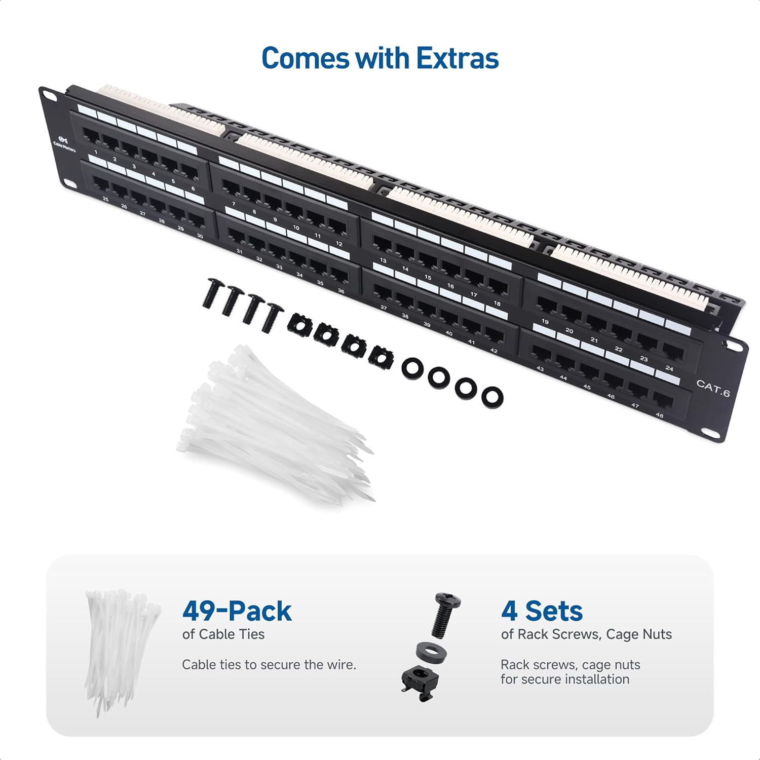 Cable Matters Cable Matters 48 Port Network Patch Panel 2U Rackmount Wall Mount Cat6 RJ45 for Gigabit Network with Support Bar and Impact Tool Compatibility - View 7 of 7