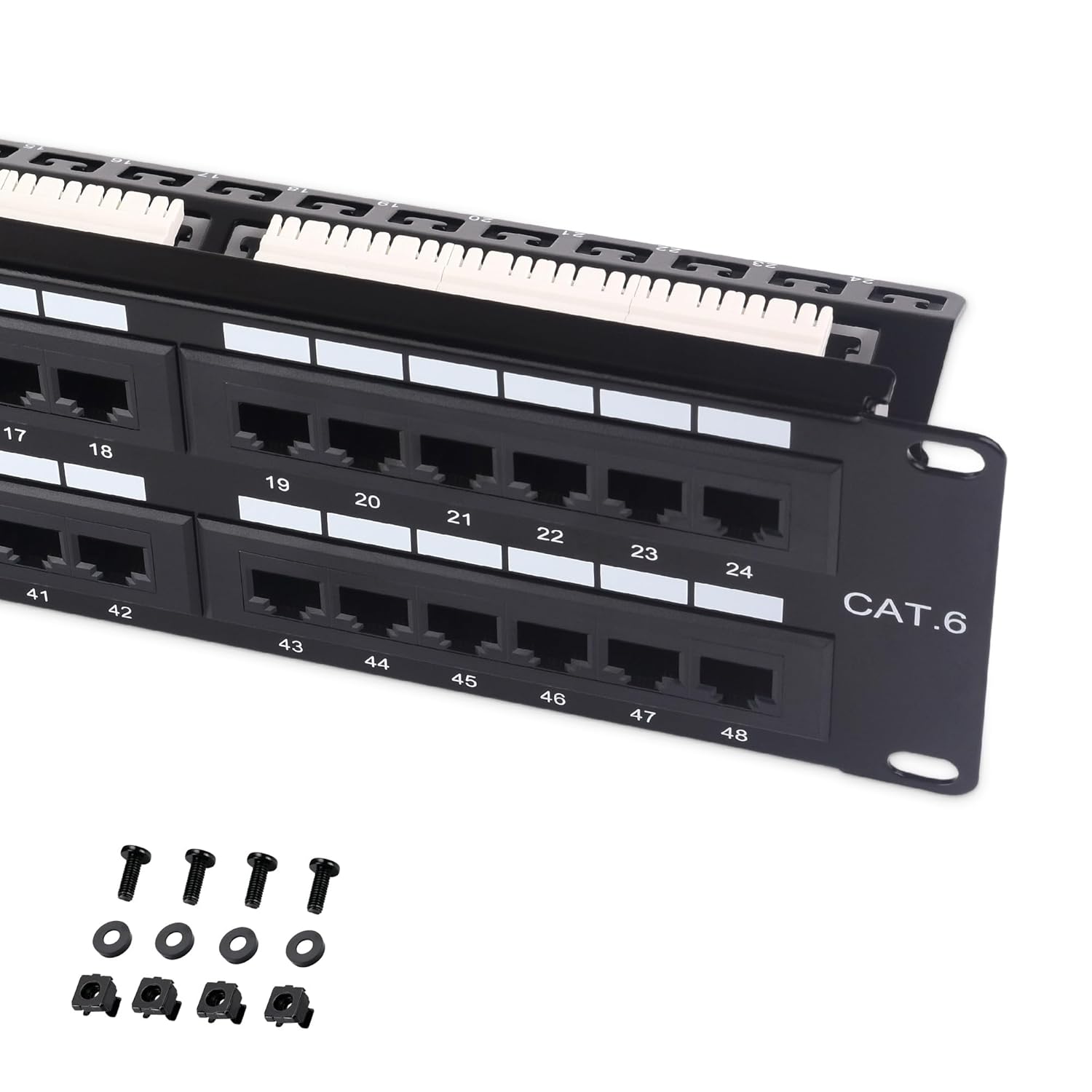 Cable Matters 48 Port Network Patch Panel 2U Rackmount Wall Mount Cat6 RJ45 for Gigabit Network with Support Bar and Impact Tool Compatibility