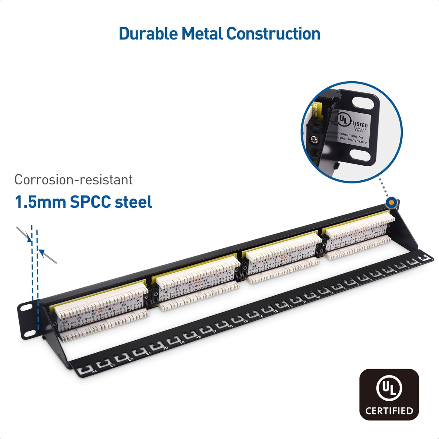 Cable Matters Cable Matters 1U 24 Port Network Patch Panel Rackmount Wall Mount Cat6 RJ45 for Gigabit Network with Support Bar and Impact Tool Compatibility - View 5 of 7