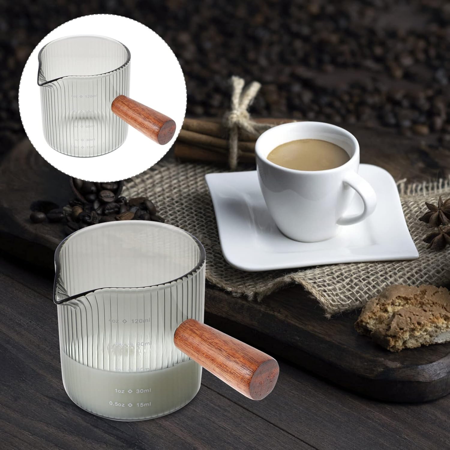 Kichvoe Kichvoe Glass Pitcher with Wood Handle for Milk Cream and Sauces 120ml Triple Measuring Cup and Shot Glasses - View 2 of 9
