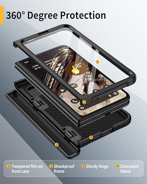 Lanhiem Lanhiem Google Pixel Fold Case with Built-in Screen Protector Shockproof Cover and Kickstand Black Full Body Hinge Protection - View 4 of 9