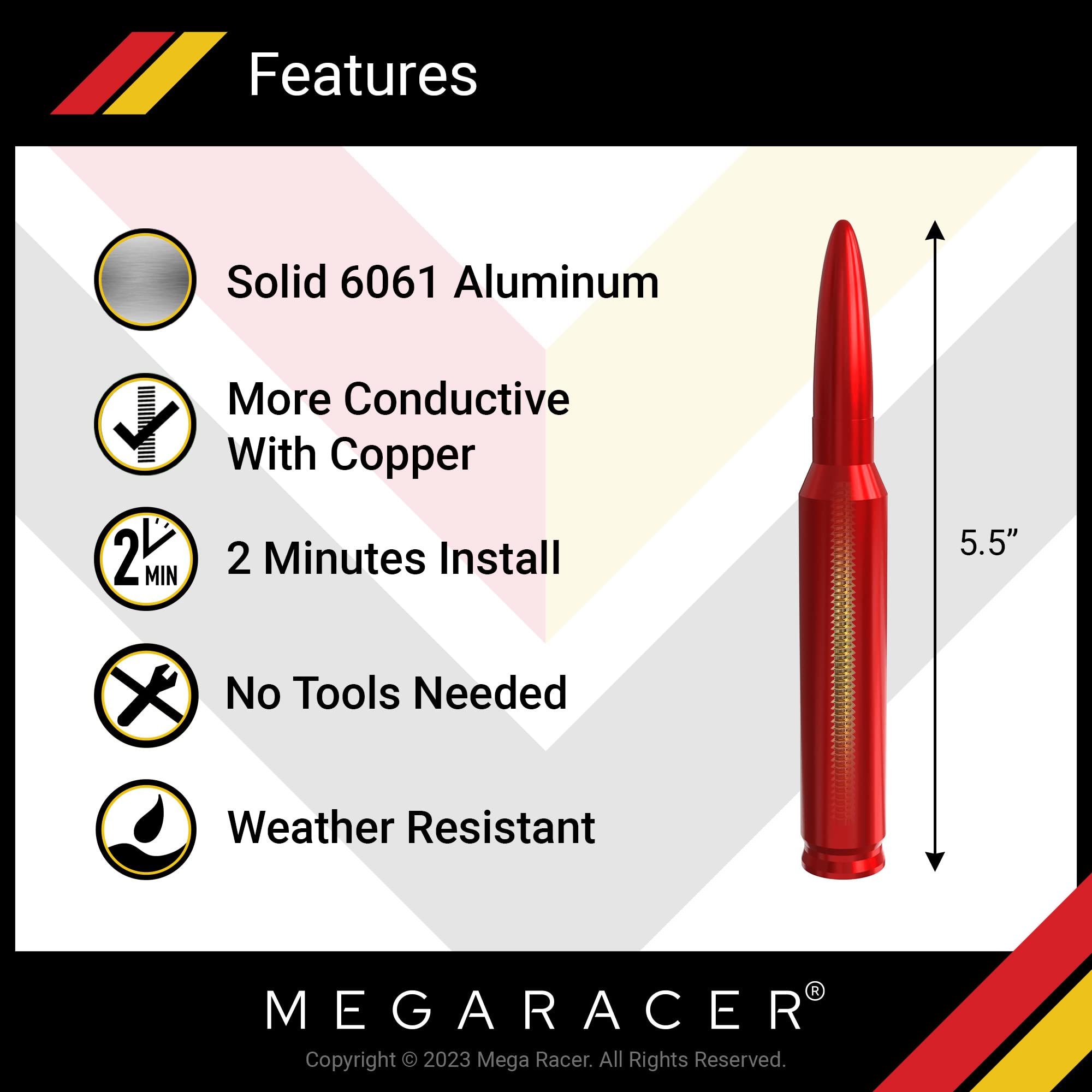 Mega Racer Mega Racer 5.5 Inch Red Antenna for Trucks Cars and SUVs Universal Replacement Car Wash Safe Anti-Theft Design Solid Aluminum Body - View 2 of 6