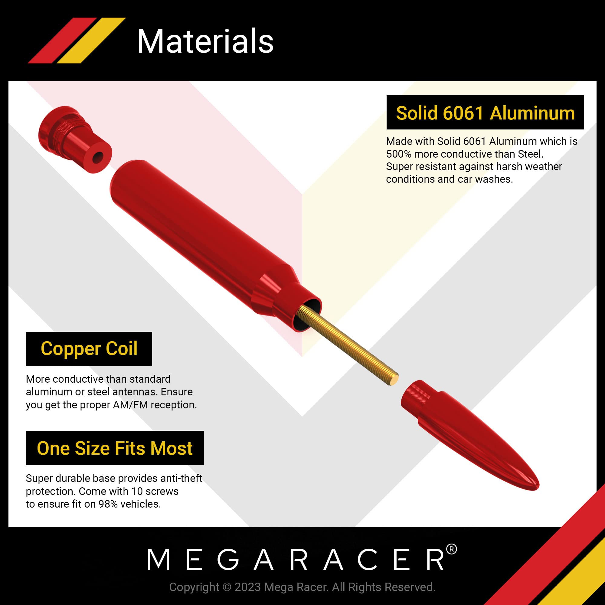 Mega Racer Mega Racer 5.5 Inch Red Antenna for Trucks Cars and SUVs Universal Replacement Car Wash Safe Anti-Theft Design Solid Aluminum Body - View 4 of 6
