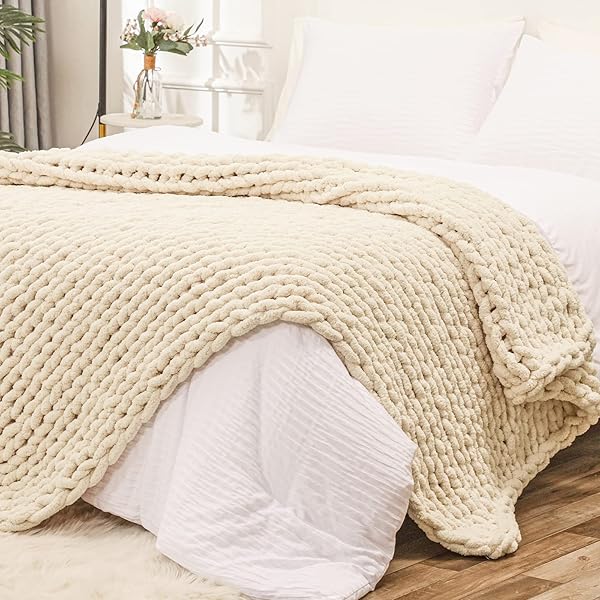 Bigacogo Bigacogo Chunky Knit Throw Blanket 60x80 inches Hand Knitted Jumbo Chenille Yarn Cozy Soft Cable Crochet for Sofa Bed Living Room Beige