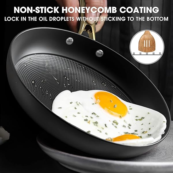 imarku Imarku Non Stick Frying Pans Set 2 Pcs 8 Inch 10 Inch Professional Cast Iron Skillets Honeycomb Long Lasting Gold Handle Oven Safe - View 6 of 11