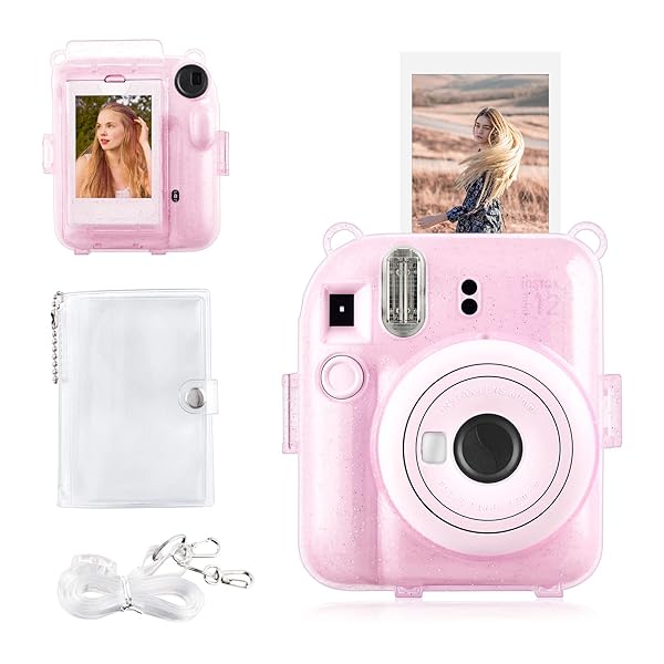 Rieibi Rieibi Clear Glitter Case for Fuji Instax Mini 12 with Back Pocket Strap and Photo Album in Glitter Pink