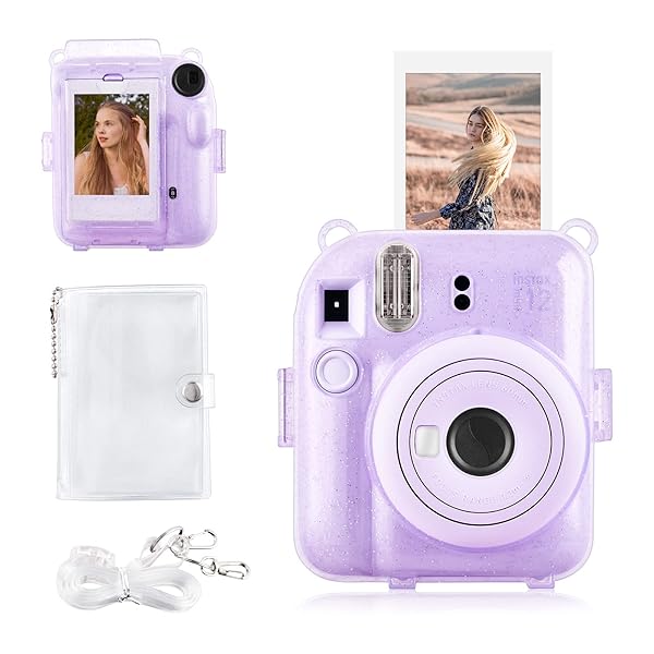 Rieibi Rieibi Clear Glitter Case for Fuji Instax Mini 12 with Back Pocket Strap and Photo Album in Purple