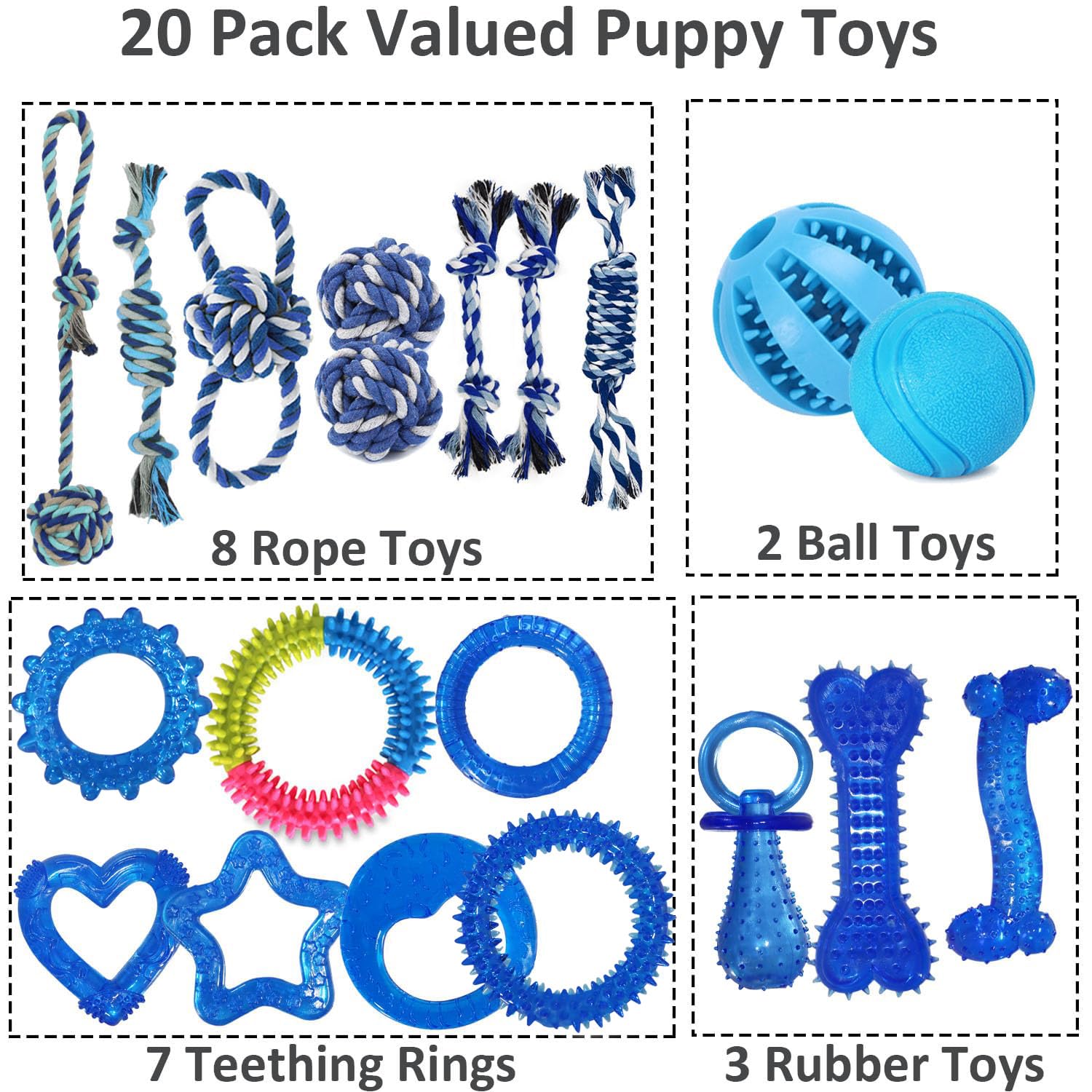 PawsAion PawsAion 20 Pack Puppy Toys Set Interactive Chew Toys for Teething Small Breeds Tough Rope and Soft Rubber Bundle - View 2 of 7