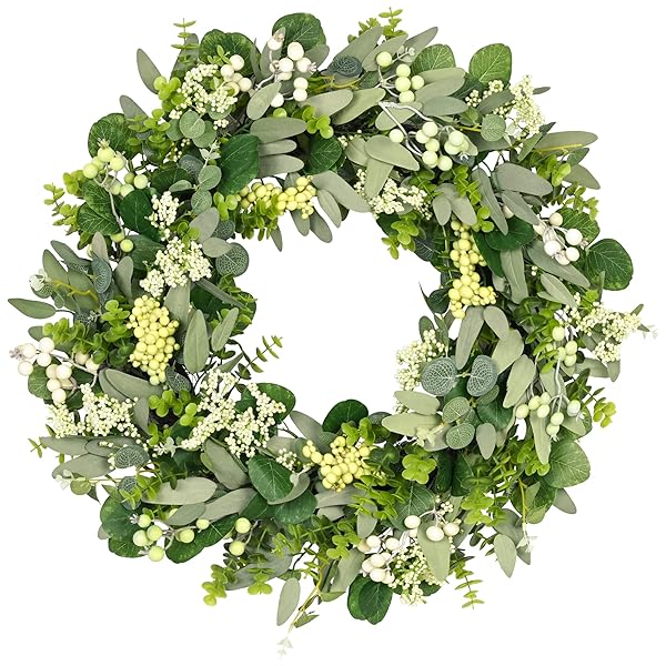 Vlorart Vlorart 24 Inch Green Eucalyptus Leaf Wreath for Front Door Decor Artificial Spring Summer Boxwood Wreath with Big Berries Year Round