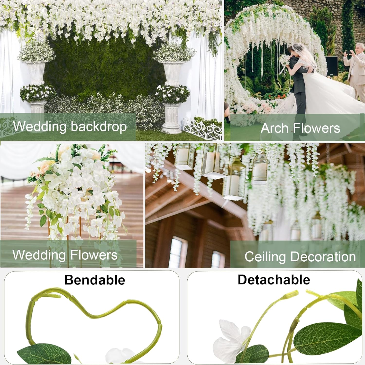 ZINHO ZINHO 60 Branches Artificial White Wisteria Flowers Garland for Wedding Party Garden Home Decor - View 4 of 8