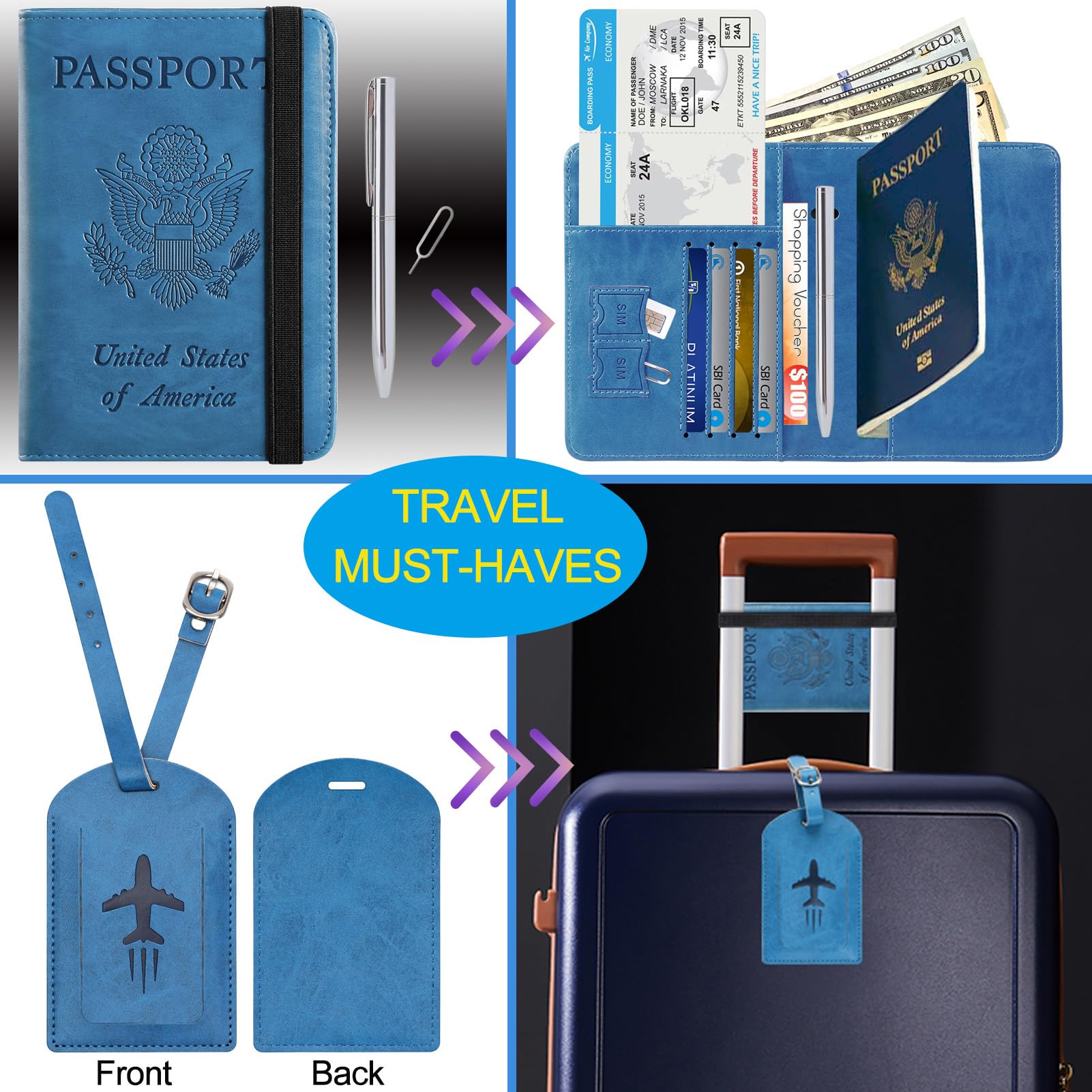 PASCACOO Passport Holder with Luggage Tag RFID Blocking Leather Case Travel Essentials for Men and Women Blue - View 2 of 9