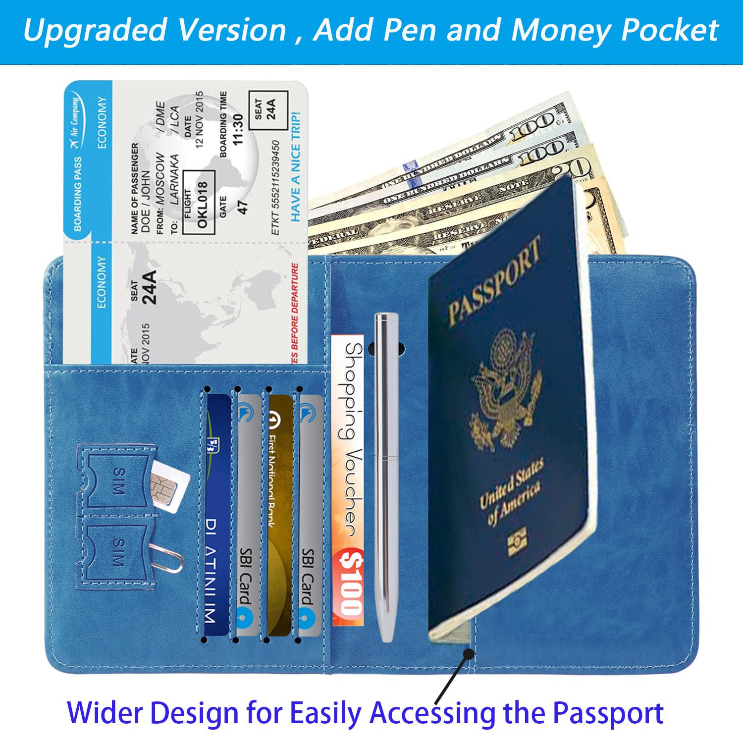 PASCACOO Passport Holder with Luggage Tag RFID Blocking Leather Case Travel Essentials for Men and Women Blue - View 4 of 9