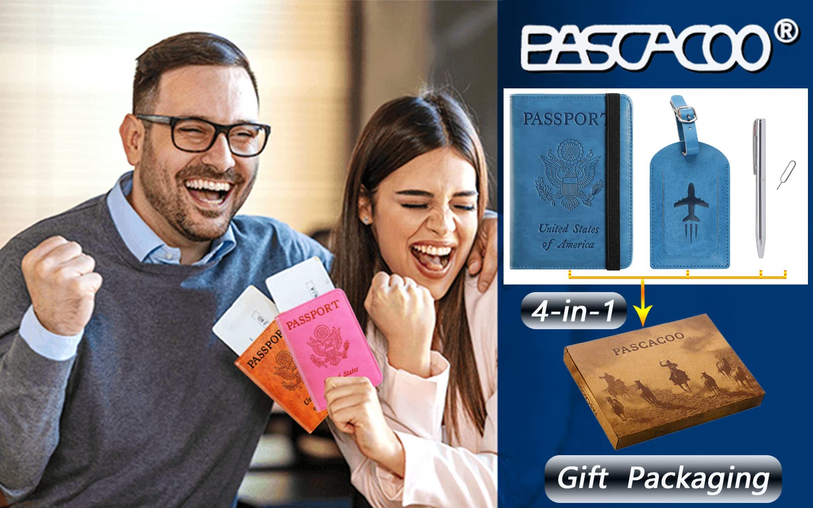 PASCACOO Passport Holder with Luggage Tag RFID Blocking Leather Case Travel Essentials for Men and Women Blue - View 6 of 9