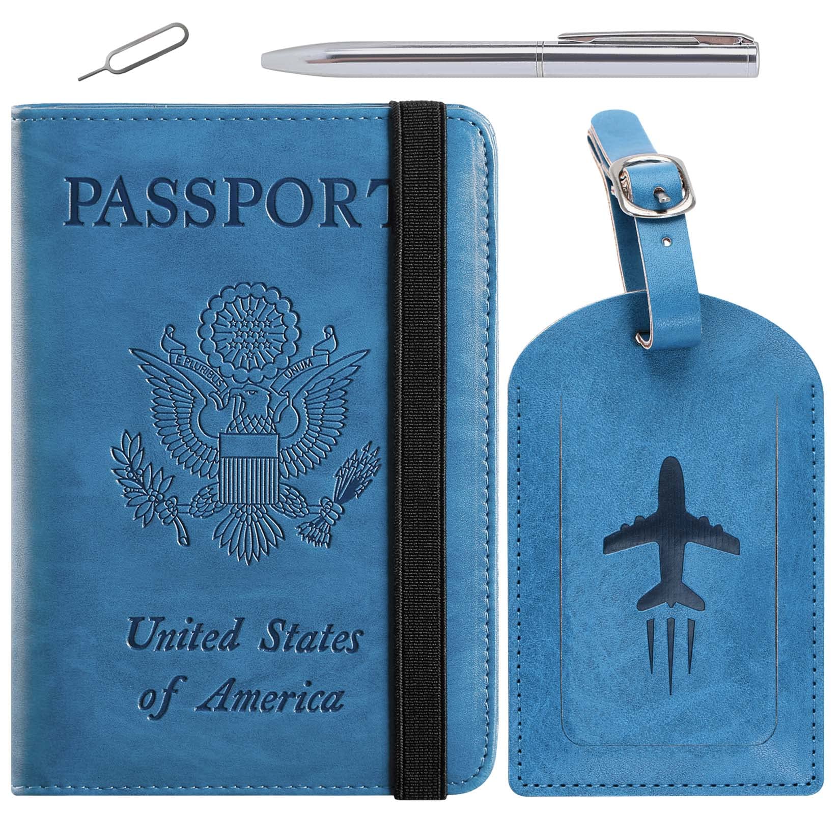 PASCACOO Passport Holder with Luggage Tag RFID Blocking Leather Case Travel Essentials for Men and Women Blue
