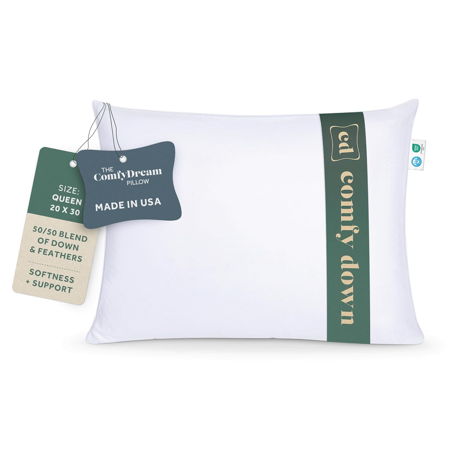 ComfyDown ComfyDown 50/50 Down Feather Blend ComfyDream Bed Pillow Queen Size Egyptian Cotton Cover Made in USA for Ultimate Sleep Comfort