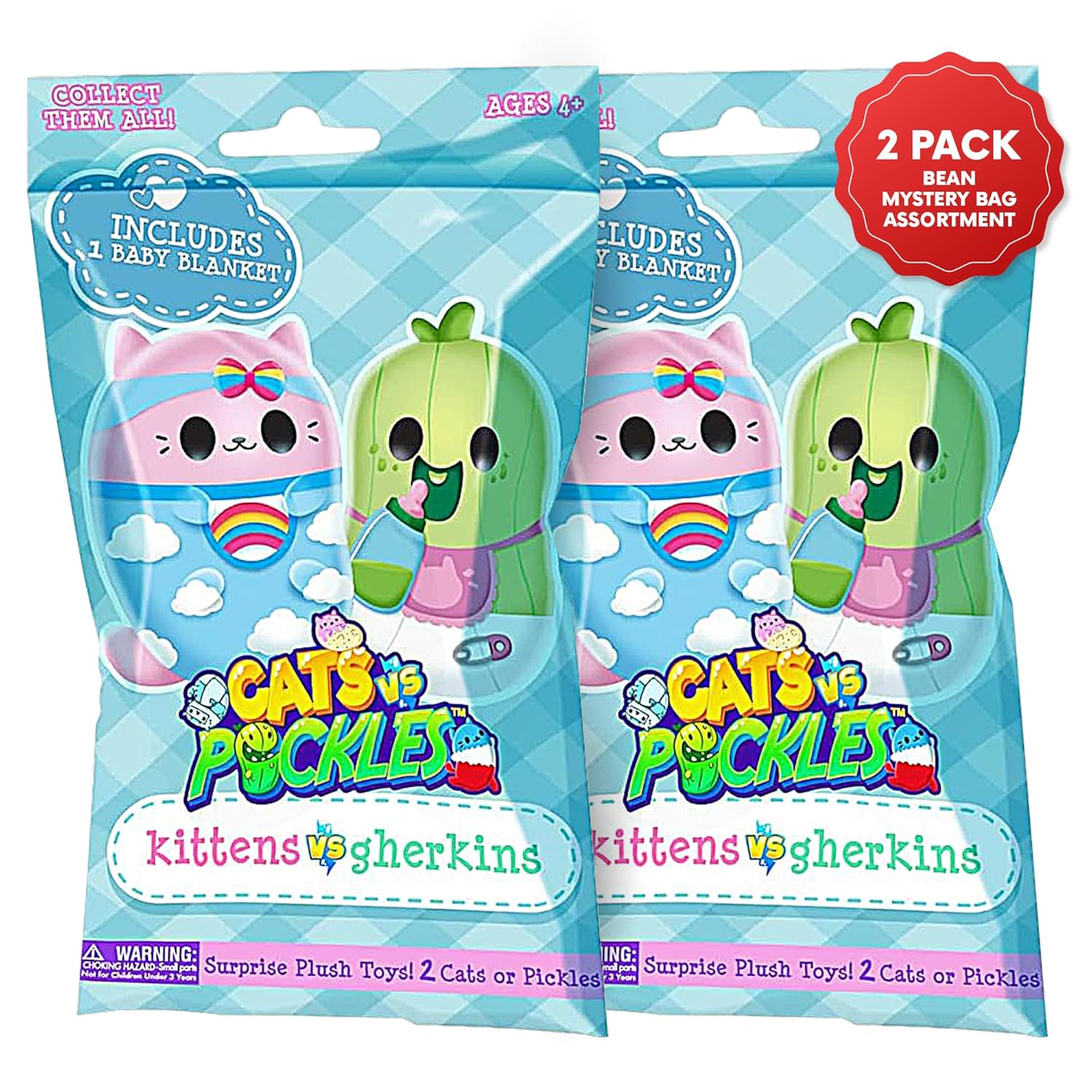 Cats vs Pickles Kittens vs Gherkins Mystery Bag with 2 Pairs of 3 Inch Bean Filled Plushies Perfect for Kids Collectible Fidget and Sensory Toys