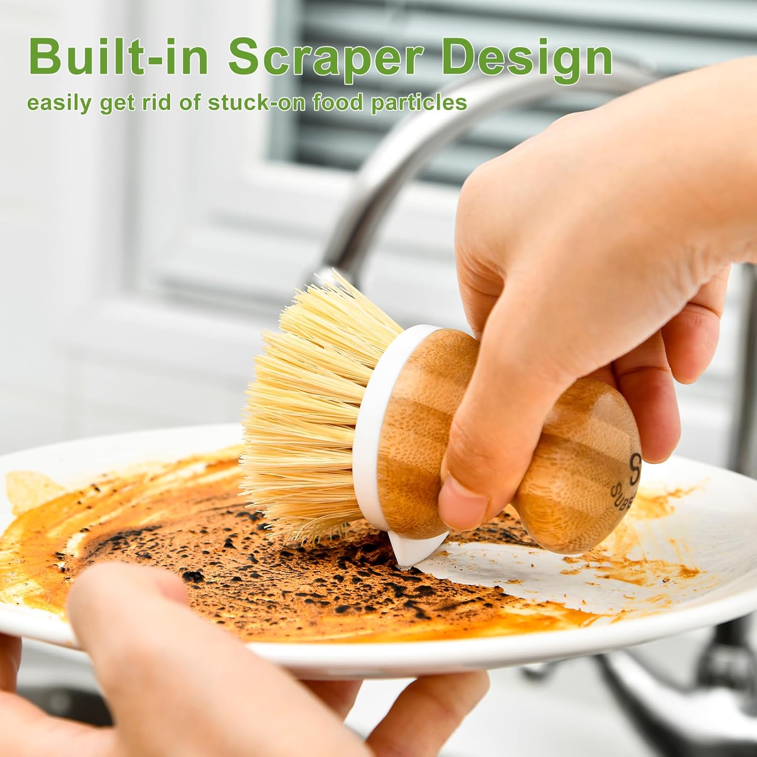 SUBEKYU SUBEKYU Bamboo Dish Brush with Soap Dispenser Natural Wooden Kitchen Scrubber for Dishes Pans Pots Built-in Scraper and Sisal Bristles - View 3 of 6