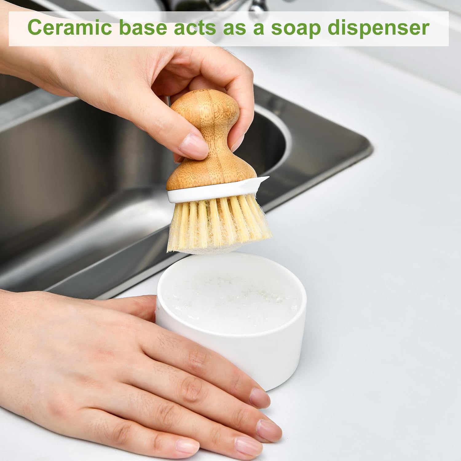 SUBEKYU SUBEKYU Bamboo Dish Brush with Soap Dispenser Natural Wooden Kitchen Scrubber for Dishes Pans Pots Built-in Scraper and Sisal Bristles - View 5 of 6